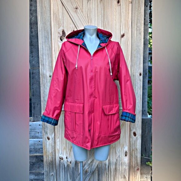 Vintage 80s Misty Harbor Red PVC Vinyl Hooded Plaid Lined Slicker Raincoat~M~ - Picture 1 of 7